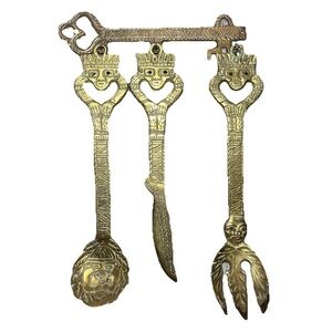 Vintage Brass Handcrafted Utensil Hanger Set Decor Colombian Egyptian Tribal 60s